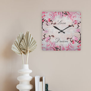 Horloge Carrée Fleurs Roses Romantiques Sur Bois Rustique Chic Co