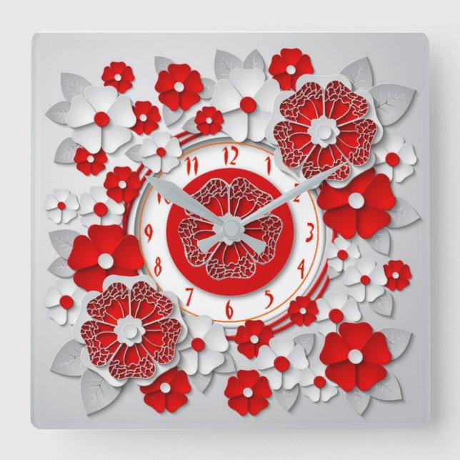 Horloge Carrée Fleurs rouges (Recto)