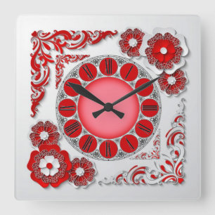 Horloge Carrée Fleurs rouges et blanches