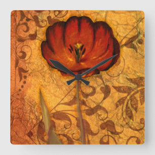 Horloge Carrée Fleurs rouges I