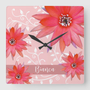 Horloge Carrée Fleurs rouges Whimsical Feuilles Tourbillonnant Aj