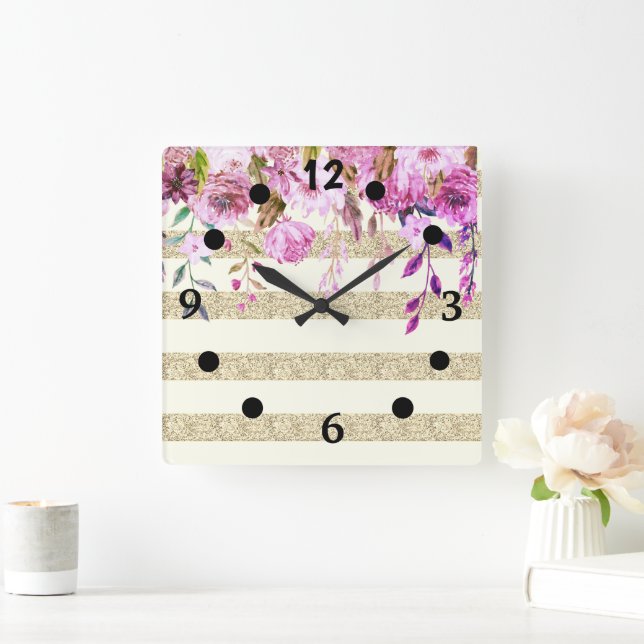 Horloge Carrée Fleurs stylées rayées or (Maison)