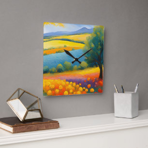 Horloge Carrée "Fleurs Tranquilles" Paysage étendu Provence