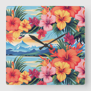 Horloge Carrée Fleurs tropicales colorées et paysage