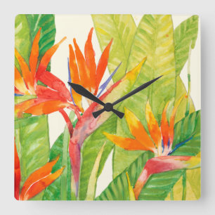 Horloge Carrée Fleurs tropicales   Oiseau du paradis