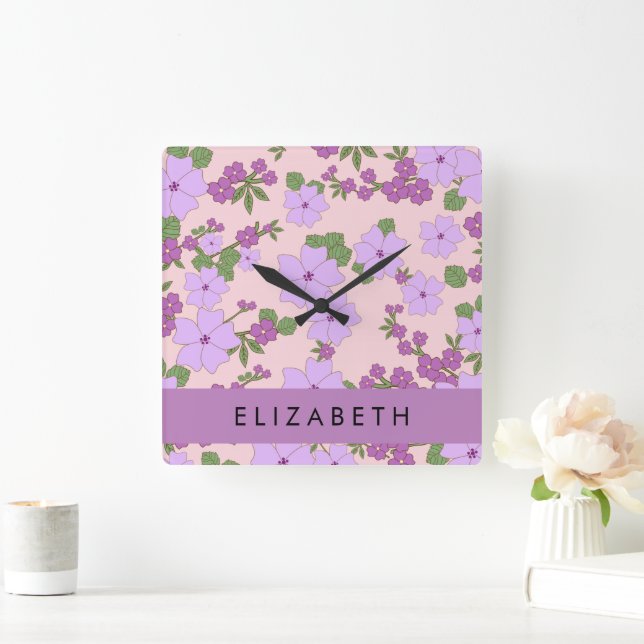 Horloge Carrée Fleurs Violettes, Motif De Fleurs, Votre Nom (Maison)