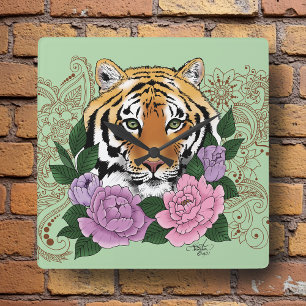 Horloge Carrée Fleurs violettes roses au henné de tigre