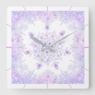 Horloge Carrée flocon de neige violet clair et coeur étincelant