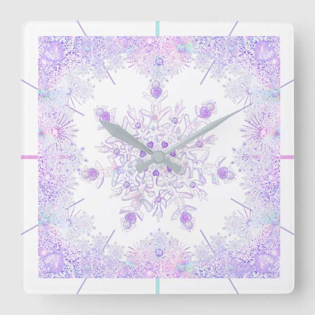 Horloge Carrée flocon de neige violet clair et coeur étincelant (Recto)