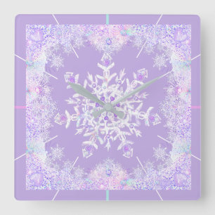 Horloge Carrée flocon de neige violet clair et coeur étincelant