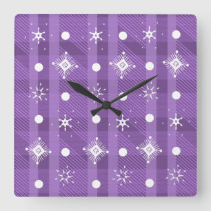 Horloge Carrée Flocons de neige simples carreaux violets 