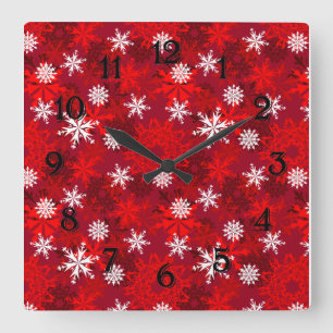 Horloge Carrée Flocons de neige sur l'arrière - plan rouge