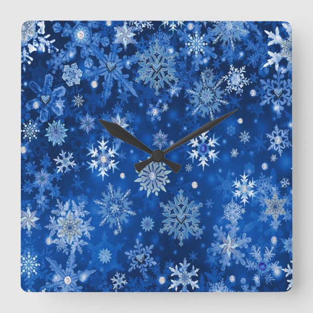 Horloge Carrée Flocons de Noël Bleus et Argent (Recto)