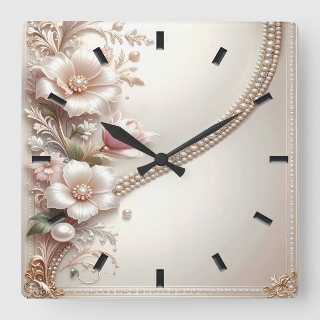 Horloge Carrée Floral and Pearl Embellishments Wall Clock (Recto)