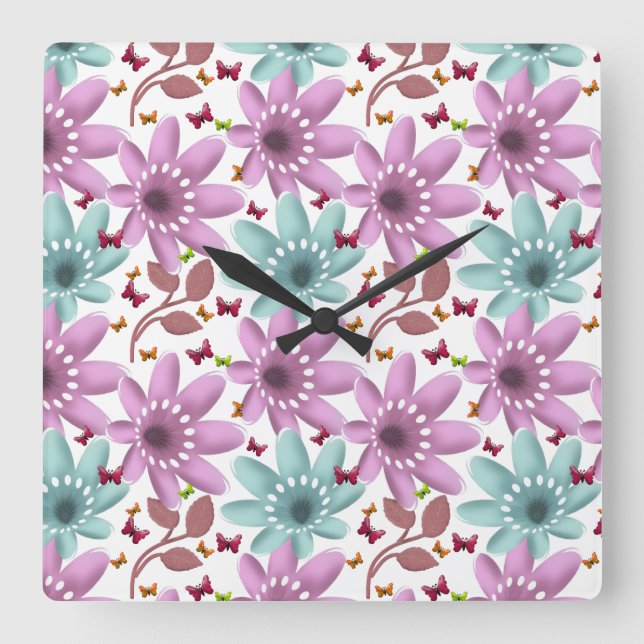 Horloge Carrée Floral Butterfly Seamless Pattern | Pink and Mint  (Recto)