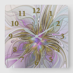 Horloge Carrée Floral Coloré Abstrait Fractal Avec Rose & Or