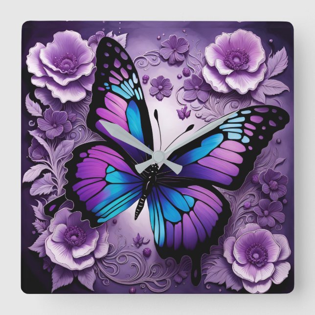Horloge Carrée Floral de papillon pourpre (Recto)