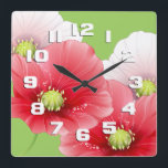 Horloge Carrée Floral de Pretty Poppies<br><div class="desc">This feminine floral clock desobjets pairs of beautiful poppies against a spring green background. The green background color may be change d to your choice of colors by selecting the "Customize It" button and selecting another background color. The beautiful poppies graphic has en made available through this designer's premium agreement...</div>