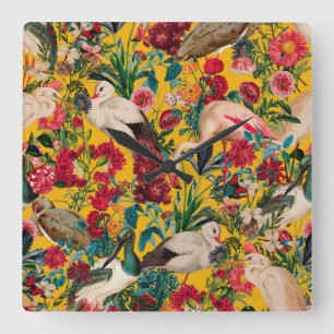 HORLOGE CARRÉE FLORAL ET OISEAUX XVIII
