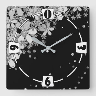 Horloge Carrée Floral fleurs foncées parties scintillant argent é