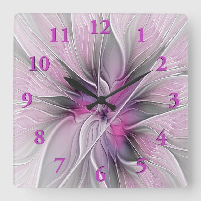 Horloge Carrée Floral Fractal moderne Fleur Abstraite rose gris (Recto)
