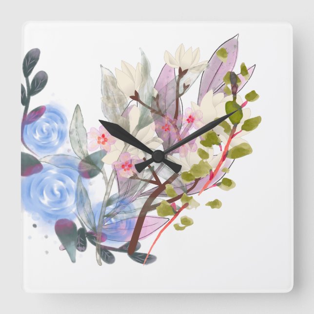 Horloge Carrée Floral Leaves Art – Elegant Flowers and Botanical (Recto)