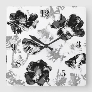 Horloge Carrée Floral, noir et blanc