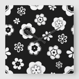 Horloge Carrée Floral Noir Et Blanc