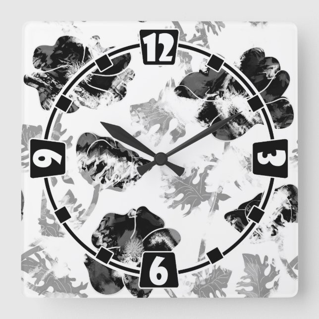 Horloge Carrée Floral, noir et blanc (Recto)