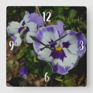 Horloge Carrée Floral Purple and White Pansies