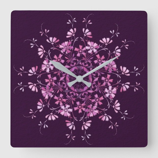 Horloge Carrée Floral purple mandala. (Recto)