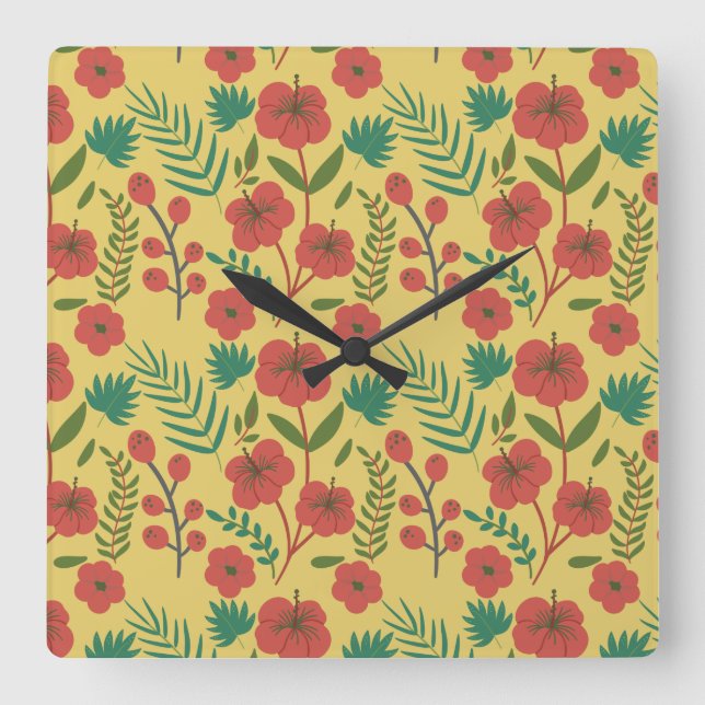 Horloge Carrée Floral sans couture motif rouge jaune vert fleurs (Recto)