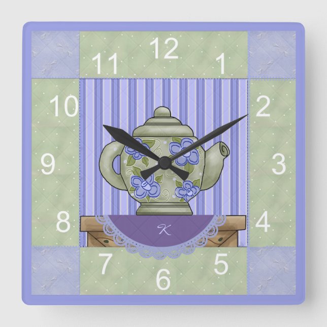 Horloge Carrée Floral Teapot Quilt Block Clock (Recto)