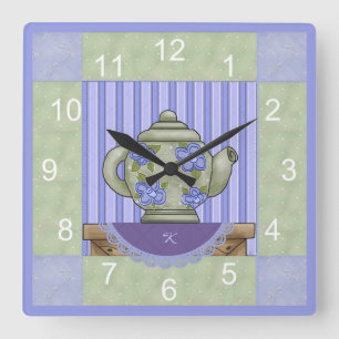 Horloge Carrée Floral Teapot Quilt Block Clock