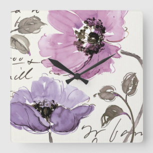 Horloge Carrée Floral Valse Plum Aquarelle Fleurs
