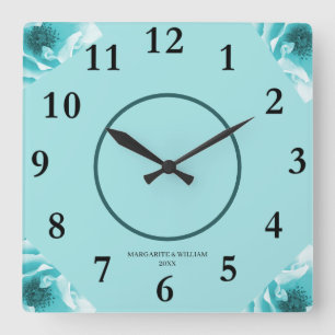 Horloge Carrée Flore bleue et blanche Abstraite personnalisée
