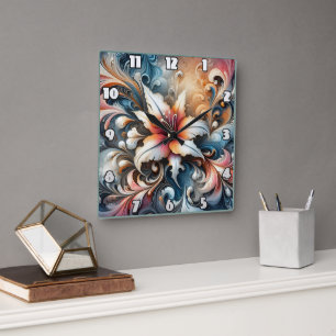 Horloge Carrée Flore Colorée Avec Lily Design Floral