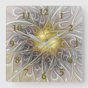 Horloge Carrée Flourish avec la fleur abstraite moderne de
