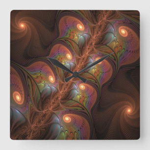 Horloge Carrée Fluorescent coloré Abstrait Trippy Brown Fractal