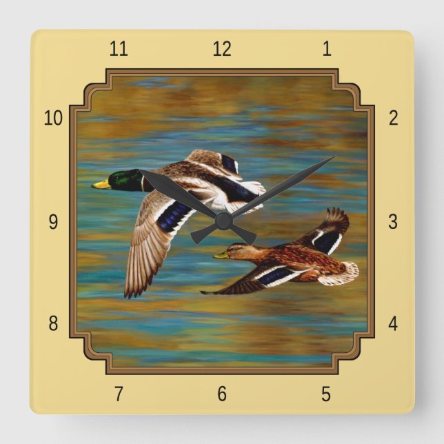 Horloge Carrée Flying Wild Ducks Yellow (Recto)