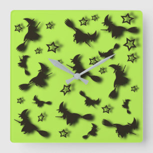 Horloge Carrée Flying witch among stars at Halloween night 3D