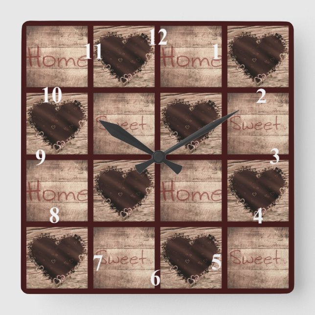Horloge Carrée Folk Art Home Sweet Home Collage Hearts (Recto)