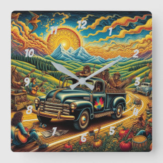 Horloge Carrée Folk Art Road Trip