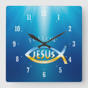 Horloge Carrée Follow Jesus - Christian Fish Symbol