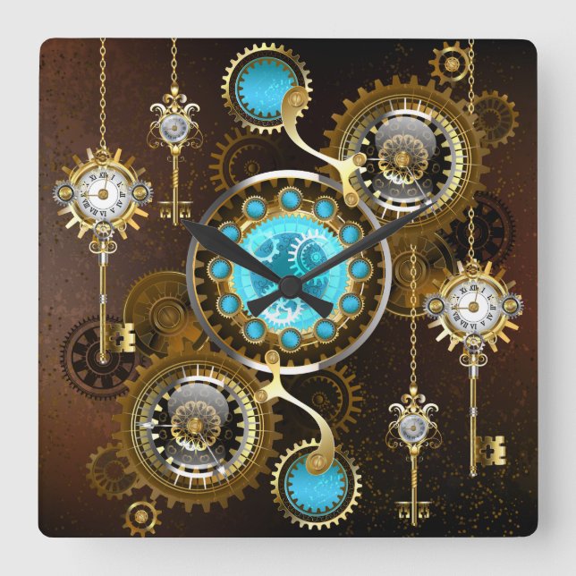 Horloge Carrée Fond rouillé Steampunk avec verres turquoise (Recto)