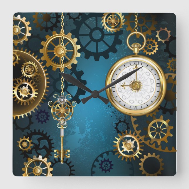Horloge Carrée Fond turquoise Steampunk avec engrenages (Recto)