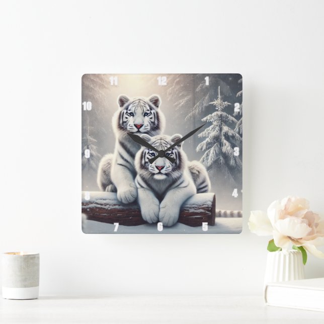 Horloge Carrée Forêt de tigre blanc neige (Maison)