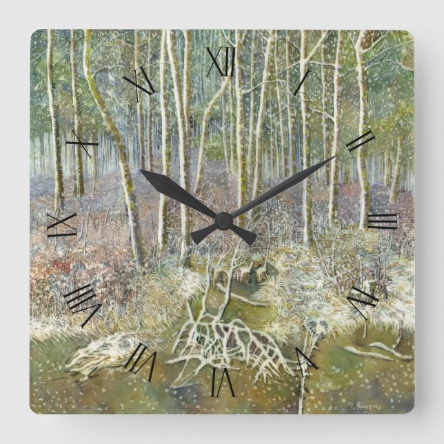 Horloge Carrée forêt d'hiver peinture aquarelle (Recto)