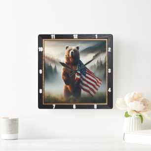 Horloge Carrée Forêt faunique de l'ours patriotique