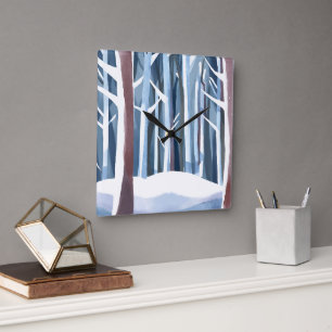 Horloge Carrée Forêt hivernale enneigée Aquarelle simple modern